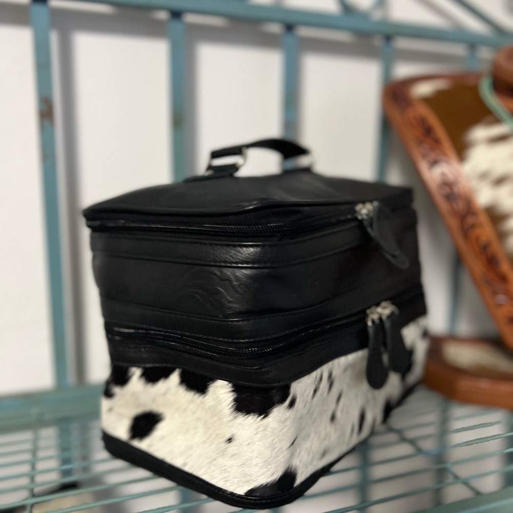 Black White Genuine Cowhide Embossed Leather Makeup Bag Travel Cosmetic Case - Picture 8 of 16